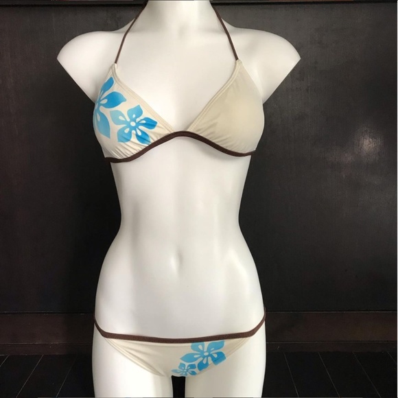 Billabong BLUE CRUSH era Vintage bikini cream & blue floral triangle set RARE - Picture 2 of 7